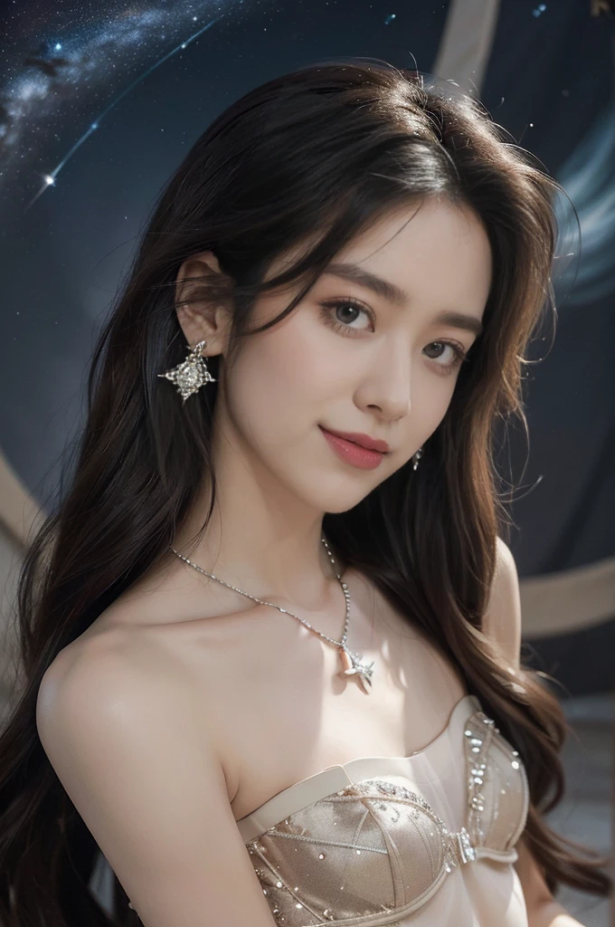 (((best quality))),(((ultra detailed))),(((masterpiece))),illustration,((A beautiful female astrologer,solo)),((slim,thin)),((small breasts,flat chest)),((shoulder length straight hair)),(laughing:1.2),(earrings,necklace),(strapless sparkled sheer bra:1.3),standing beneath a magical summer night, stars twinkling in the velvety darkness,starry sky, sapphire eyes filled with wonder, flowing ethereal gown mimicking the stars, silver pendant shaped like a horoscope,serene smile and captivating gaze, celestial beauty and mystery, solace and inspiration in the vast expanse of the universe,((from front,close-up of face))
