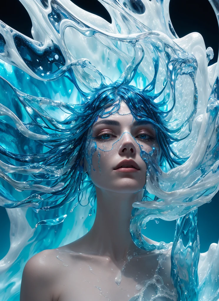 (masterpiece:1.3), (Highest quality:1.2), (Intricately detailed:1.2), (Surreal:1.2), (Professional photography:1.1), Very detailed, Absurd resolution, One girl, The fluid form of cosmic entities in the style of James Nares, Intense interplay of light and shadow, close up Portraiture, biomorphic Portraitureure, Abstract and unclear, Liquid Translucency, Bold Use of Negative Space, Flowing、solid, Clean Lines, Minimalism, (Dramatic lighting:1.1), Portraiture, Made of colorful pulled, stretched, splattered translucent liquid, Stained glass, Translucent iridescent bioluminescence, (Liquid Ice:1.2), (Fashion Photography:1.1)