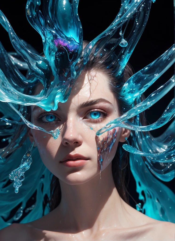 (masterpiece:1.3), (Highest quality:1.2), (Intricately detailed:1.2), (Surreal:1.2), (Professional photography:1.1), Very detailed, Absurd resolution, One girl, The fluid form of cosmic entities in the style of James Nares, Intense interplay of light and shadow, close up Portraiture, biomorphic Portraitureure, Abstract and unclear, Liquid Translucency, Bold Use of Negative Space, Flowing、solid, Clean Lines, Minimalism, (Dramatic lighting:1.1), Portraiture, Made of colorful pulled, stretched, splattered translucent liquid, Stained glass, Translucent iridescent bioluminescence, (Liquid Ice:1.2), (Fashion Photography:1.1)