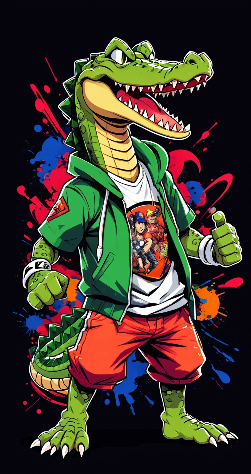 Fighting game style crocodile, Hip-Hop Style, t shirt design, flat-colors, vectorial art,  ((black backdrop)) . dynamic, Vibrant, full of action, detailed character design, reminiscent of fighting video games