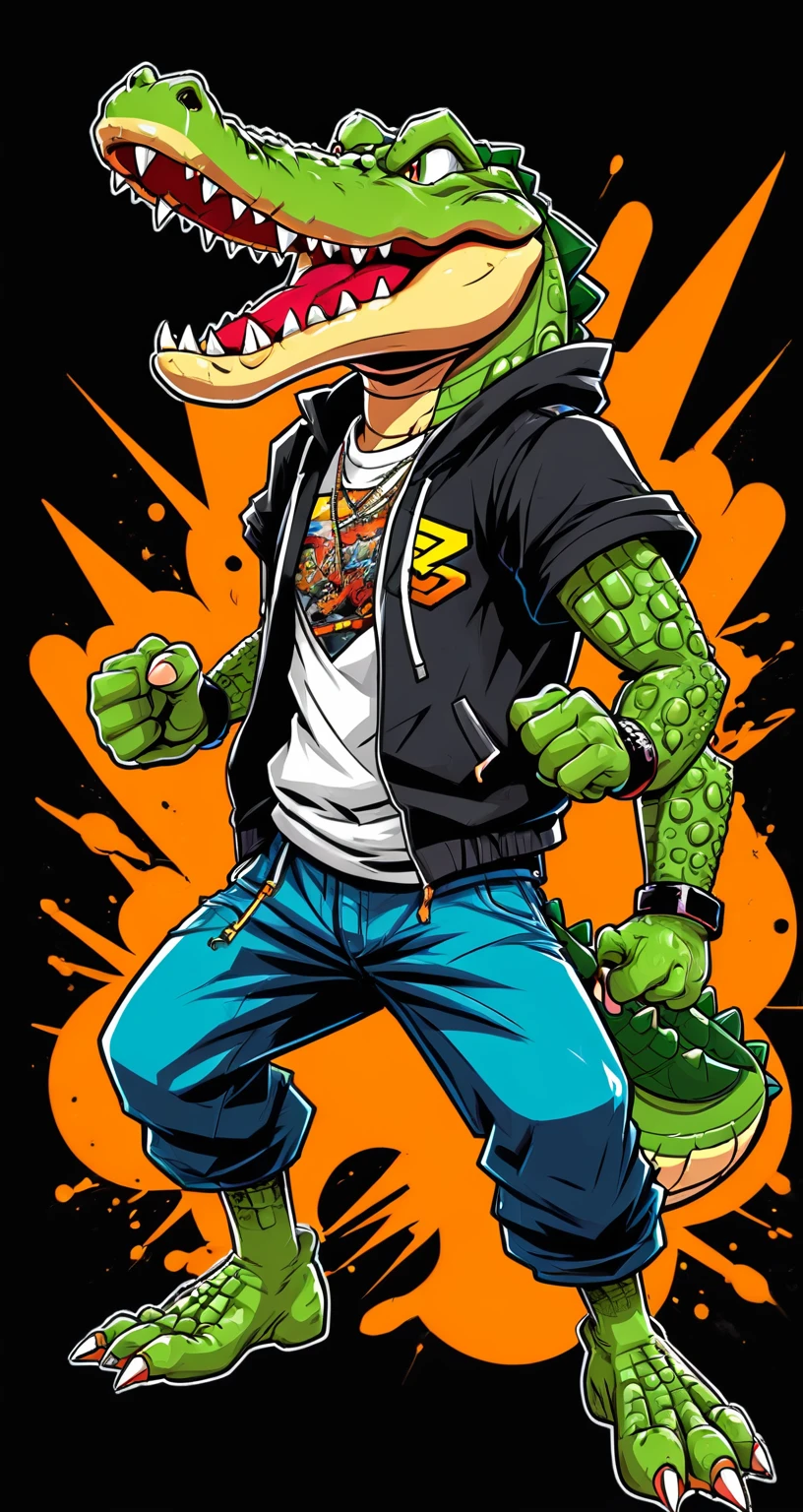 Fighting game style crocodile, Hip-Hop Style, t shirt design, flat-colors, vectorial art,  ((black backdrop)) . dynamic, Vibrant, full of action, detailed character design, reminiscent of fighting video games