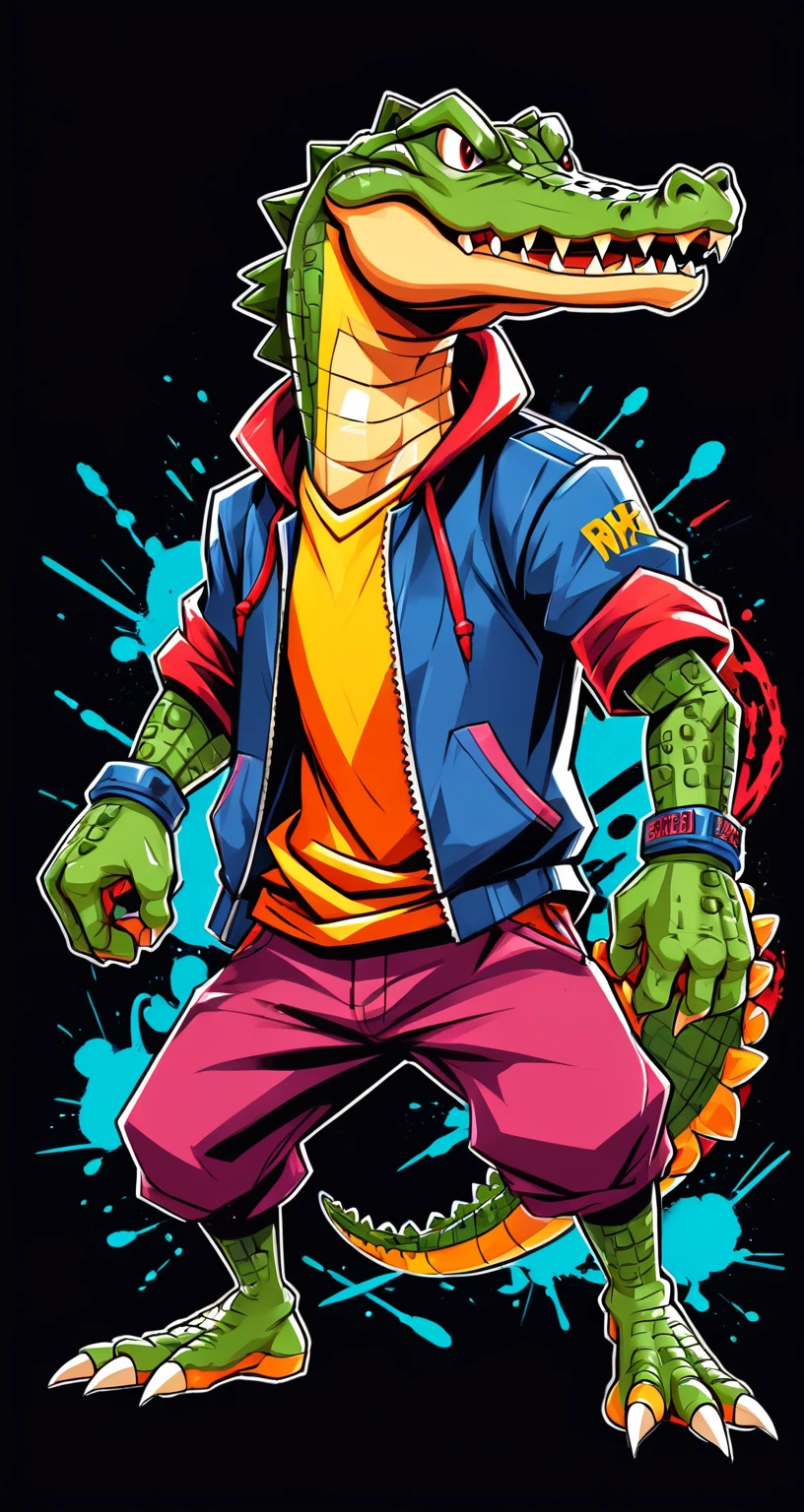 Fighting game style crocodile, Hip-Hop Style, t shirt design, flat-colors, vectorial art, ((black backdrop)) . dynamic, Vibrant, full of action, detailed character design, reminiscent of fighting video games