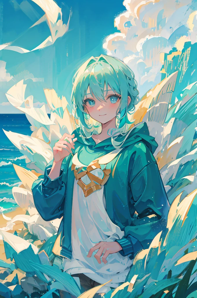 12 years old, long sea foam green hair, crystal blue eyes, gentle shy smile, blue sweatshirt