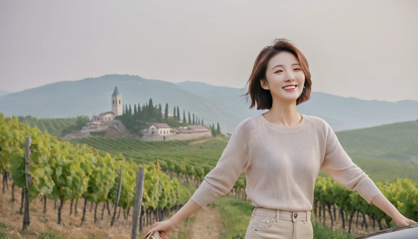 8k best picture quality, Beautiful 36-year-old Korean woman, My skin is good and my eyes are clear and pretty... clear and nice weather. Chest size 34 inches, italian countryside, past the vineyard, A cathedral can be seen in the fog in the distance.., The back background is realistic and vivid quality., Short and medium hair blowing in the wind, Wearing a classy luxury knit top and beige jeans, smile. the background is clear, Short and slim Korean woman, stand far away, Photo taken with a wide-angle lens, 1 womans. casual pants, laugh. the background is clear, Short and slim Korean woman, stand far away, Photo taken with a wide-angle lens, 1 woman