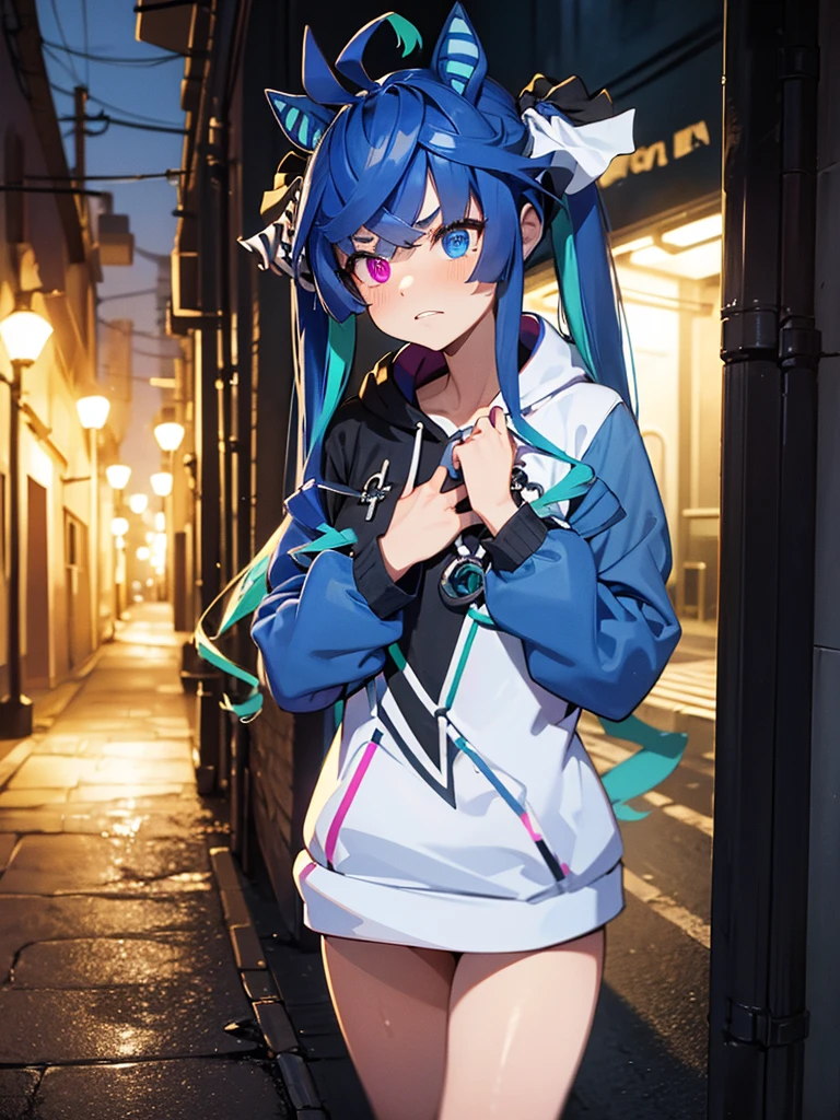 (masterpiece、top-quality、hight resolution)、A scene depicts a streetwalker in a quiet, dark alley at night, nervously offering her services. She stands with a hesitant posture, her eyes downcast, and her hands fidgeting. She shyly asks, "Um... Please, fuck me. Uh, um, please." The background is a dimly lit alley with shadows cast by the few distant streetlights, emphasizing the isolation and vulnerability of the moment. Twin_Turbo_Umamusume, aqua hair, twintails, heterochromia, purple eyes, blue eyes, sharp teeth, multicolored hoodie, flat chest, hores tails, nsfw