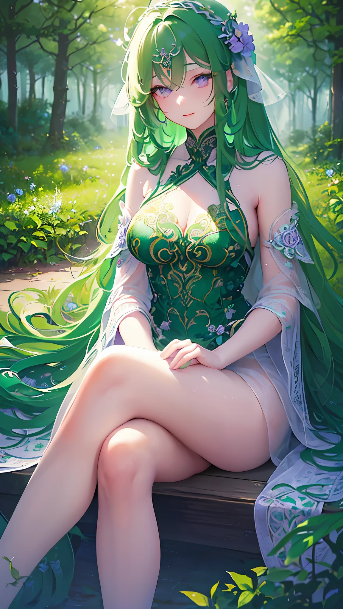 Name: Sakura-Mei
Element: VERDANTHIA
Description: A gentle and nurturing spirit guardian of the forest. With long, wavy emerald-green hair and violet eyes like the forest's depths, she provides solace and guidance to lost travelers, ensuring harmony between forests and humans.
Prompt: ((((Stunning, extraordinaire, ultra-high resolution)))), 1girl, serene, sitting, (long, wavy, emerald-green hair), ((violet eyes)), ((detailed face and facial expressions:0.8)), ((centered)), close-up, side view, ((amidst lush, blooming flowers:0.9))), small breasts, crossing legs, smiling, ((peaceful and calming aura)), (((highly detailed, intricate clothing:1.1))), 26 years old, ((calm and composed)), (((soft focus, gentle lighting)))
