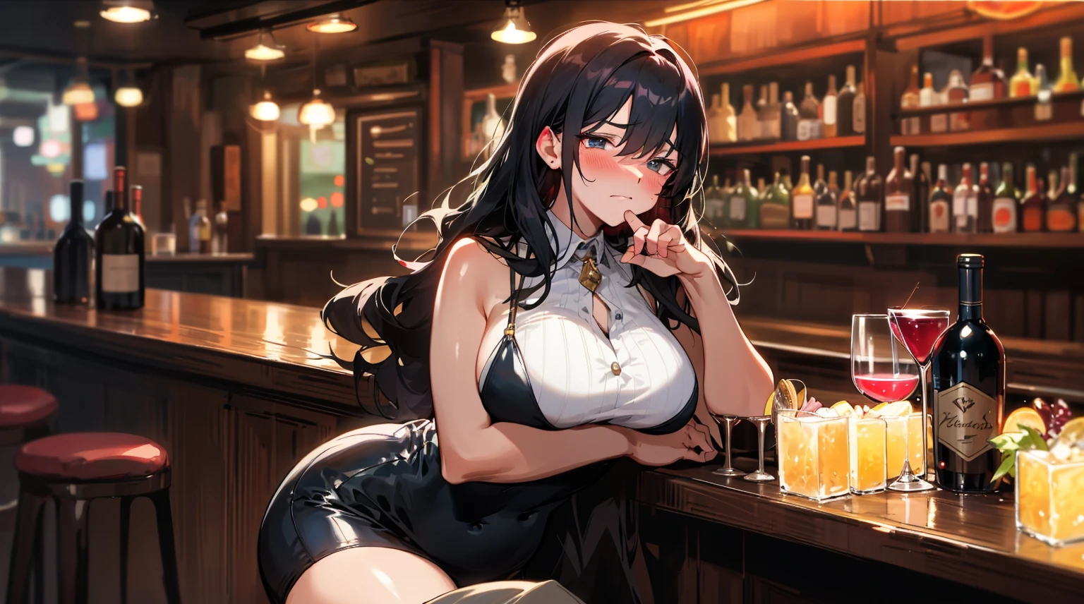 (best quality,masterpiece:1.2,details,4K),38 year old woman with sad expression,Drunk,blush,A glass of wine in hand,(Perfect hand structure),Looking at the camera, Striking a seductive pose, Black hair,Full figure,Big breasts,Big Ass,Glowing skin,Background is a bar,Dim shining light,Bar neon lights