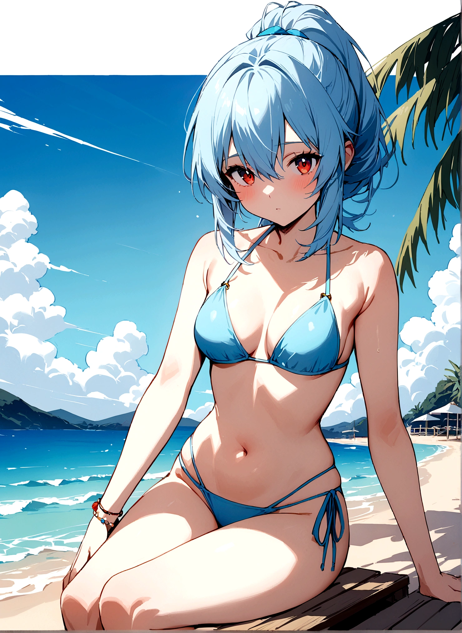 masterpiece, Highest quality, Rei Ayanami, One girl,Beautiful Eyes,Light blue hair,bikini,whole body,Seaside