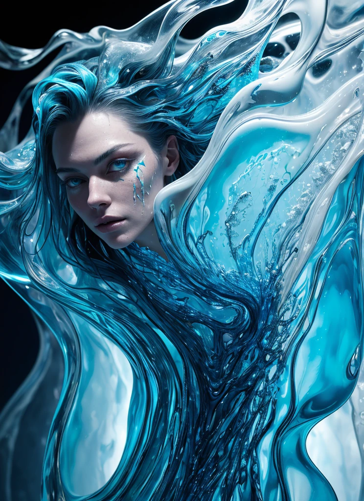 (masterpiece:1.3), (Highest quality:1.2), (Intricately detailed:1.2), (Surreal:1.2), (Professional photography:1.1), Very detailed, Absurd resolution, One girl, The fluid form of cosmic entities in the style of James Nares, Intense interplay of light and shadow, close up Portraiture, biomorphic Portraitureure, Abstract and unclear, Liquid Translucency, Bold Use of Negative Space, Flowing、solid, Clean Lines, Minimalism, (Dramatic lighting:1.1), Portraiture, Made of colorful pulled, stretched, splattered translucent liquid, Stained glass, Translucent iridescent bioluminescence, (Liquid Ice:1.2), (Fashion Photography:1.1)