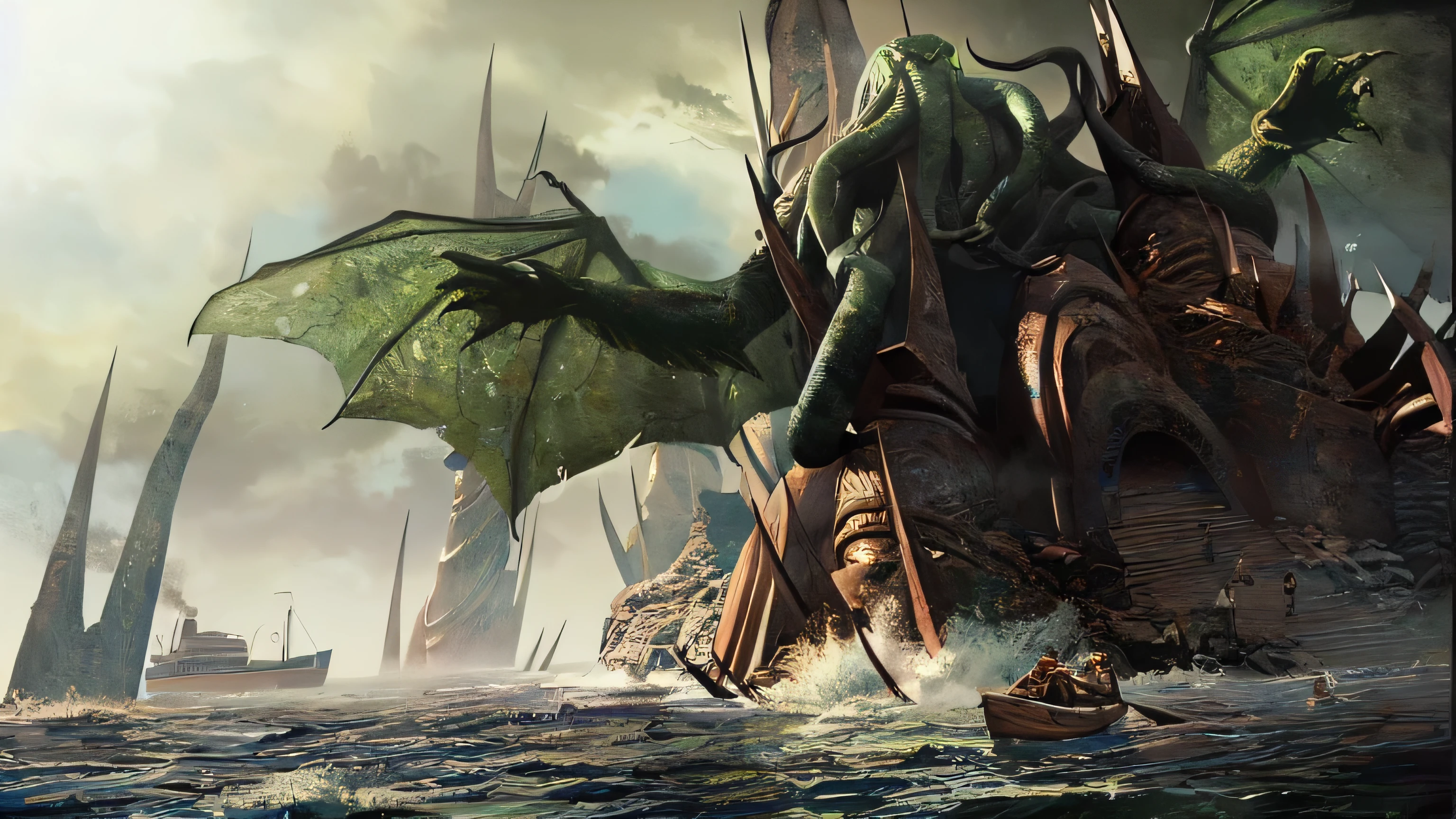 tHere is a giant octoPageus attacking a boat in tHe water, ctHulHu rising from tHe ocean, gigantic ctHulHu, PageHoto of ctHulHu, giant ctHulHu, lovecraftian landscaPagee, ctHulHu, ctHulHu mytHos, ancient eldritcH Horror ctHulHu, Lovecraft Background, H.Page. lovecraft as ctHulHu, lovecraftian insPageiration, lovecraftian HellscaPagee, ctHulHu squid