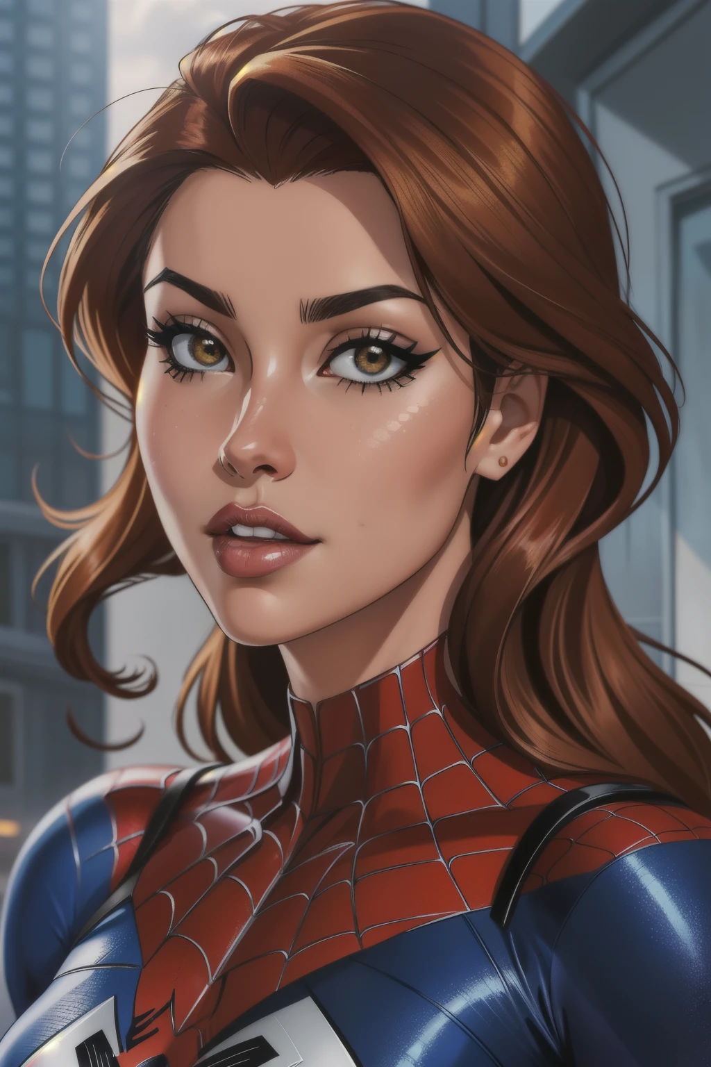 Closeup photo portrait of female Spiderman, atmospheric scene, masterpiece, best quality, (detailed beautiful face, detail skin texture, ultra-detailed body:1.1),