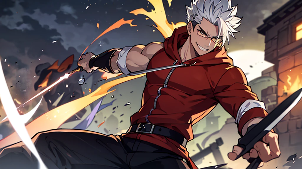 Perfect anatomy and highly detailed face, Delicate depiction of the eyes, Accurate drawing, Beautiful Hair, Detailed Background, Edgy, Depiction of a single male human in combat, The subject is only one man in his late 20s., Red hoodie and black pants, Warm, loose-fitting clothing, , A casual fashion style where you wrap your jacket around your waist, Tanned or deep brown skin, Her distinctive white or silver hair is tied in a short ponytail., He wears his distinctive trademark thick black-rimmed glasses., Modest earrings, Mafia with a cynical smile, A Villain with a Very Deep Wound, A sarcastic man with a malicious smile, A young man with narrowed eyes smiling, I have inner loneliness, Deep down, I feel like life is hard, Jealousy and envy towards successful people, The insight and resignation that come from hard work and failure, Perverse Desperation, Sword in a sheath, A mercenary with a scimitar on his belt, Wielder of a sheathed sabre, The scene of a large-scale indiscriminate terrorist attack, Burning and collapsing building,