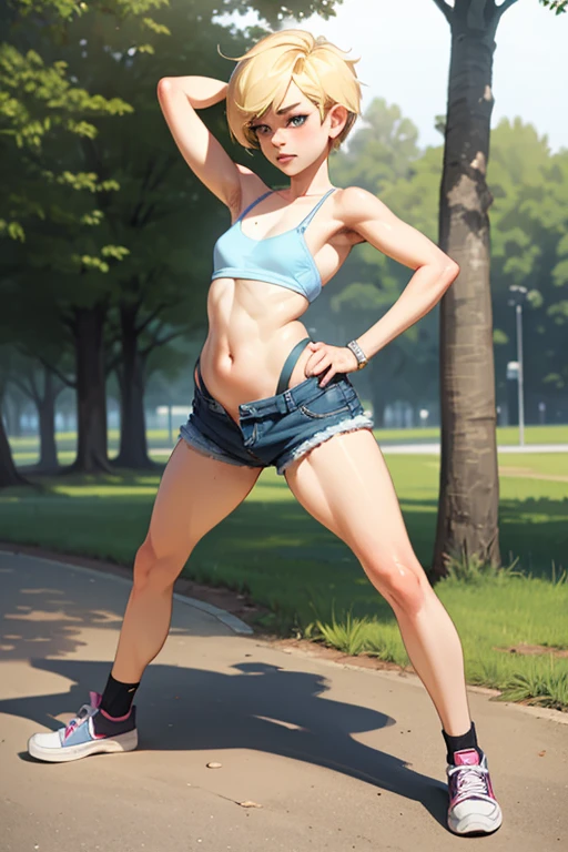 in a park, short pixie cut, young woman, blonde, blue eyes., tying her hair, ((small breasts, armpits)), sneakers, (((full body view))), daisy dukes, bralette, beautiful face, thick eyebrows, tomboyish, spreading her legs
