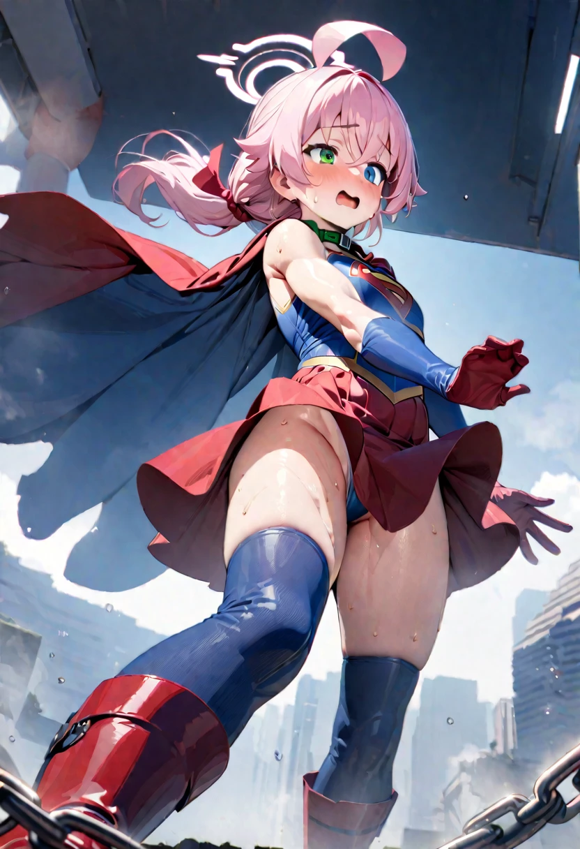 (full body), (masterpiece:1.2), (Highest_quality:1.2), (Ultra_detailed:1.3), 8K, Low - Angle,From below, 1 Girl,alone,大きなButtの女の子, red knee high long boots,wearing spcc costume with cape,( Supergirl), Blue leotard,Red mini skirt,Red Cape,gloves,hoshino-ponytail,hoshino \(blue archive\), heterochromia,medium hair,ponytail,pink hair,ahoge,Halation,Browsing Caution,Heart-shaped pupils,Man muscle,Groin, Butt,Sweat,,Climax,To convulsions,Wear a green collar,wrists tied with chains,