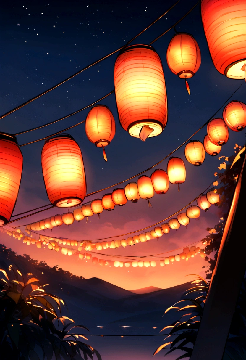 Summer festival、Japan、Lanterns and fireworks、Starry Sky、The composition ratio of the sky is 60%、No people、The number of lanterns６t