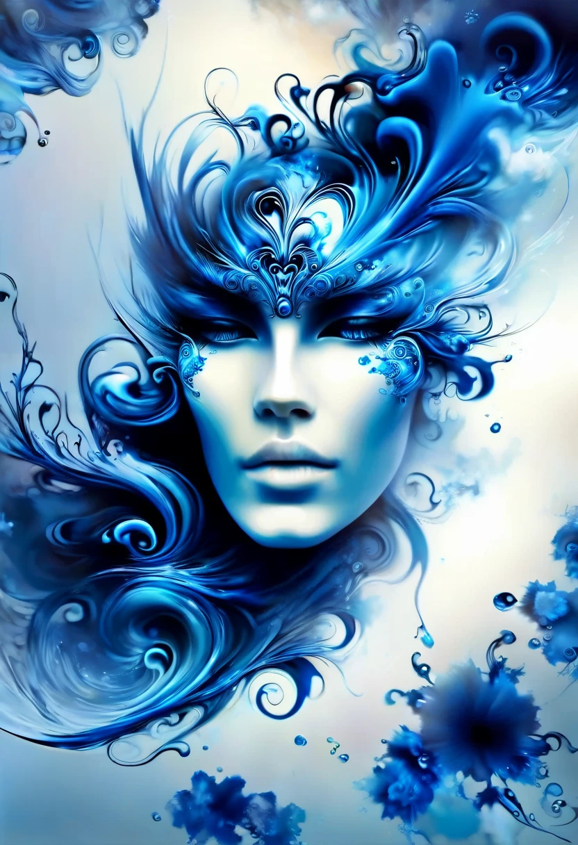 Blue ink art，Wallpaper Mobile Phone，In airbrush style, Beautiful details