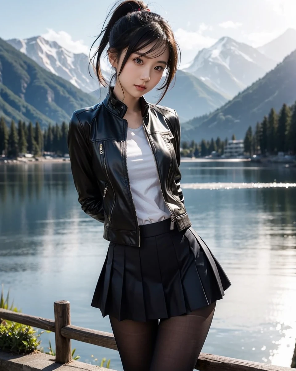 Beautiful Japanese waifu, early 30s, brunette hair, black jacket, pleated skirt, ankle high boots