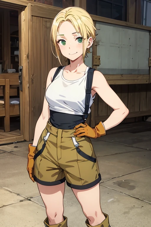 Anime Art、Full body portrait、A freckled female mechanic, about 38 years old, about 165 cm tall, wearing a white tank top and brown shorts, standing upright with her hands on her hips、Laughing with mouth open、The hairstyle is short、Blonde、wearing goggles、Green Eyes、gloves、Knee-high boots