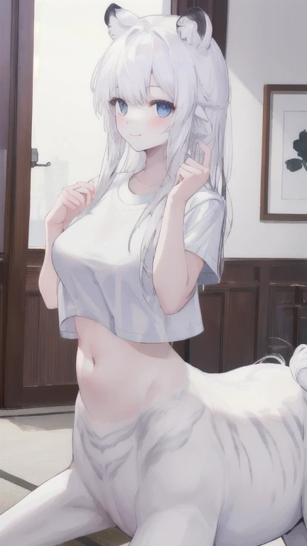 (best quality, masterpiece), 1 girl, centaur, It takes, White skin, Korean ,Smiling,exposing the abdomen,belly button t-shirt, 아름다운 소녀 perfect white tiger photo, perfect white tiger photo