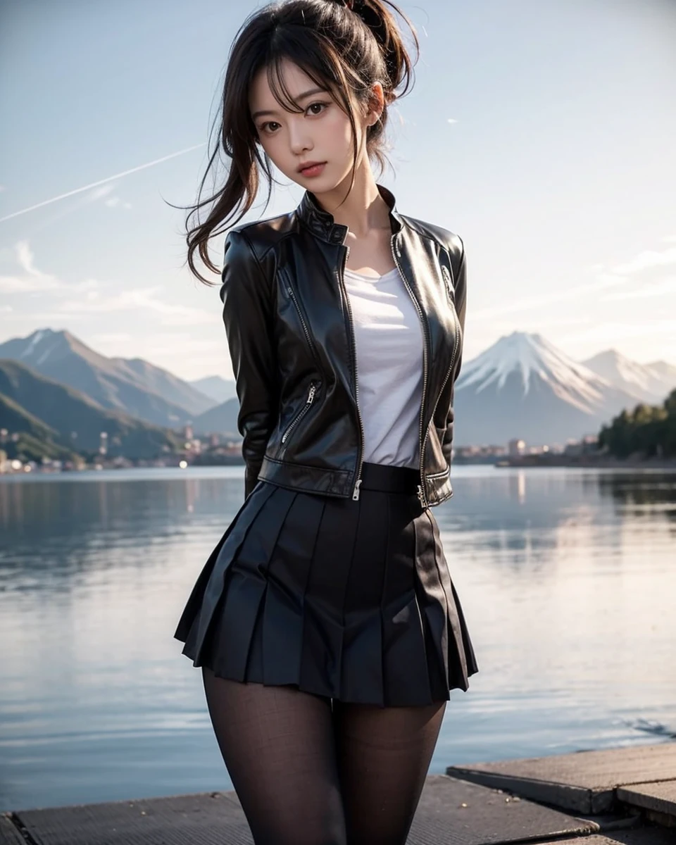 Beautiful Japanese waifu, early 30s, brunette hair, black jacket, pleated skirt, ankle high boots