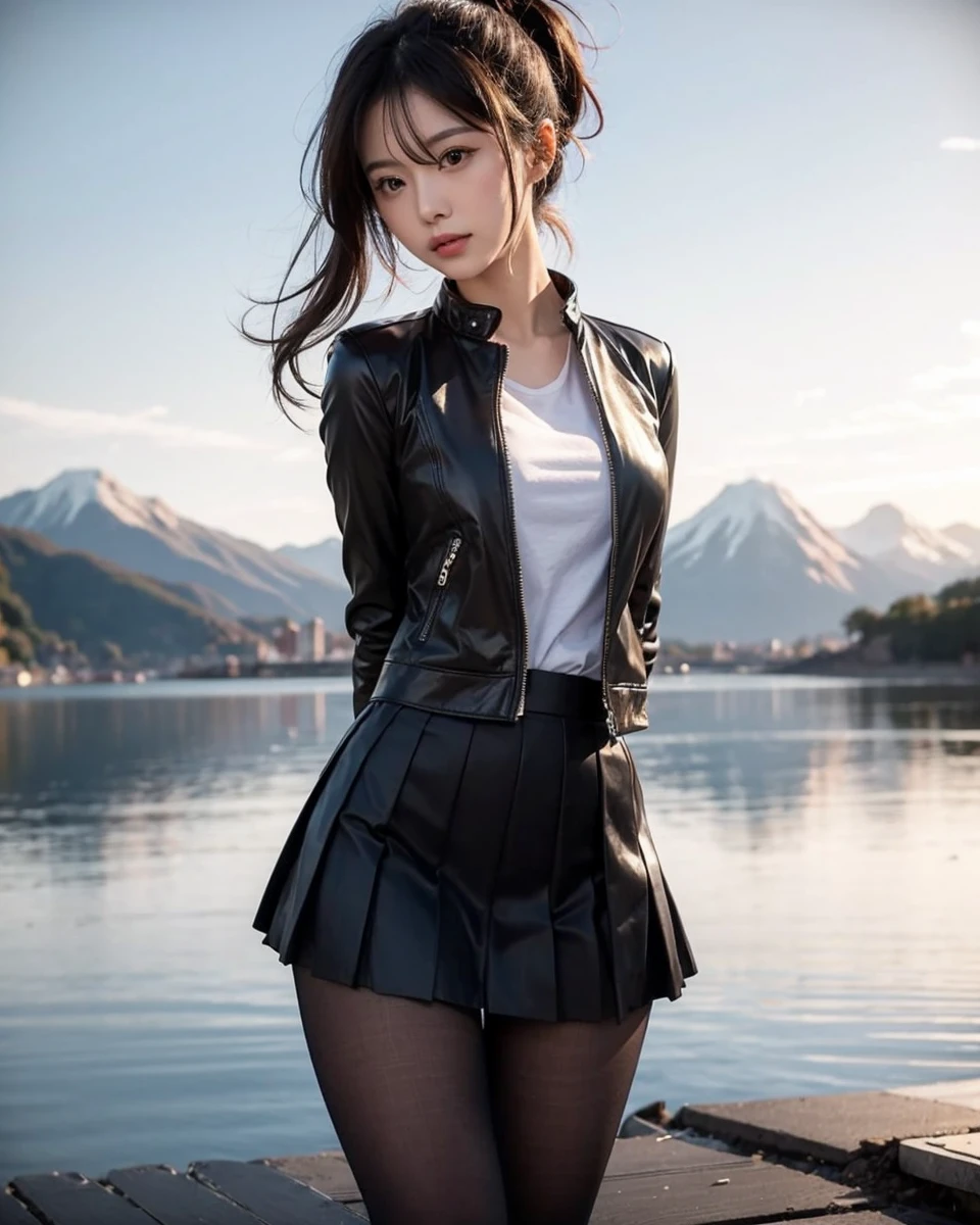 Beautiful Japanese waifu, early 30s, brunette hair, black jacket, pleated skirt, ankle high boots 