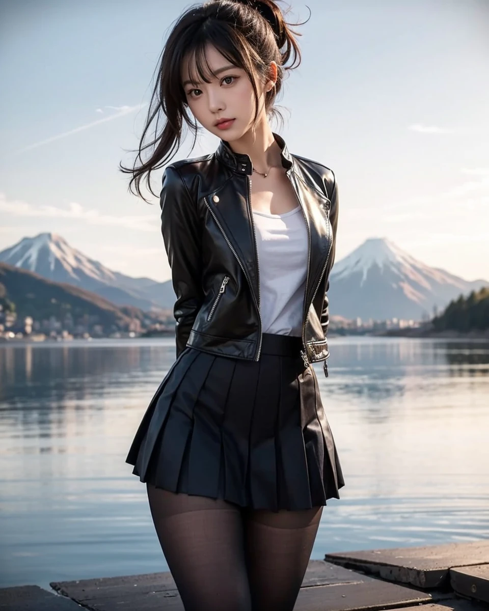 Beautiful Japanese waifu, early 30s, brunette hair, black jacket, pleated skirt, ankle high boots