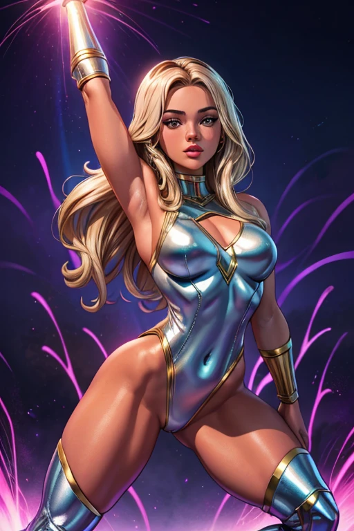Imagine Olivia Dunne as a Marvel Cinematic Universe character, Olivia Dunne as an super heroine, Olivia Dunne in a Marvel superhero movie, created in Adam Ross style. Beautiful 20 year old woman, High-quality facial research of Olivia Dunne, High-quality detailed research of Olivia Dunne's figure, small breasts, brown eyes, dirty blonde hair, long hair, tan-olive skin. Wearing a glossy white and purple leotard, metallic armlets, metallic knee-high boots. Glamorous, confident expression, fierce and powerful stance. Action pose, dynamic pose. Dramatic lighting, high contrast, highly saturated colors, 8k wallpaper, daytime, smoke and sparks surrounding her