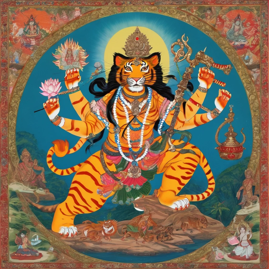 Hindu God。Durga。Goddess riding a tiger。Four arms on each side。Each one has a bow、sword、Prayer beads、Lotus flower、trident gun、Bulbophyll、disk、Holding a medicine jar。