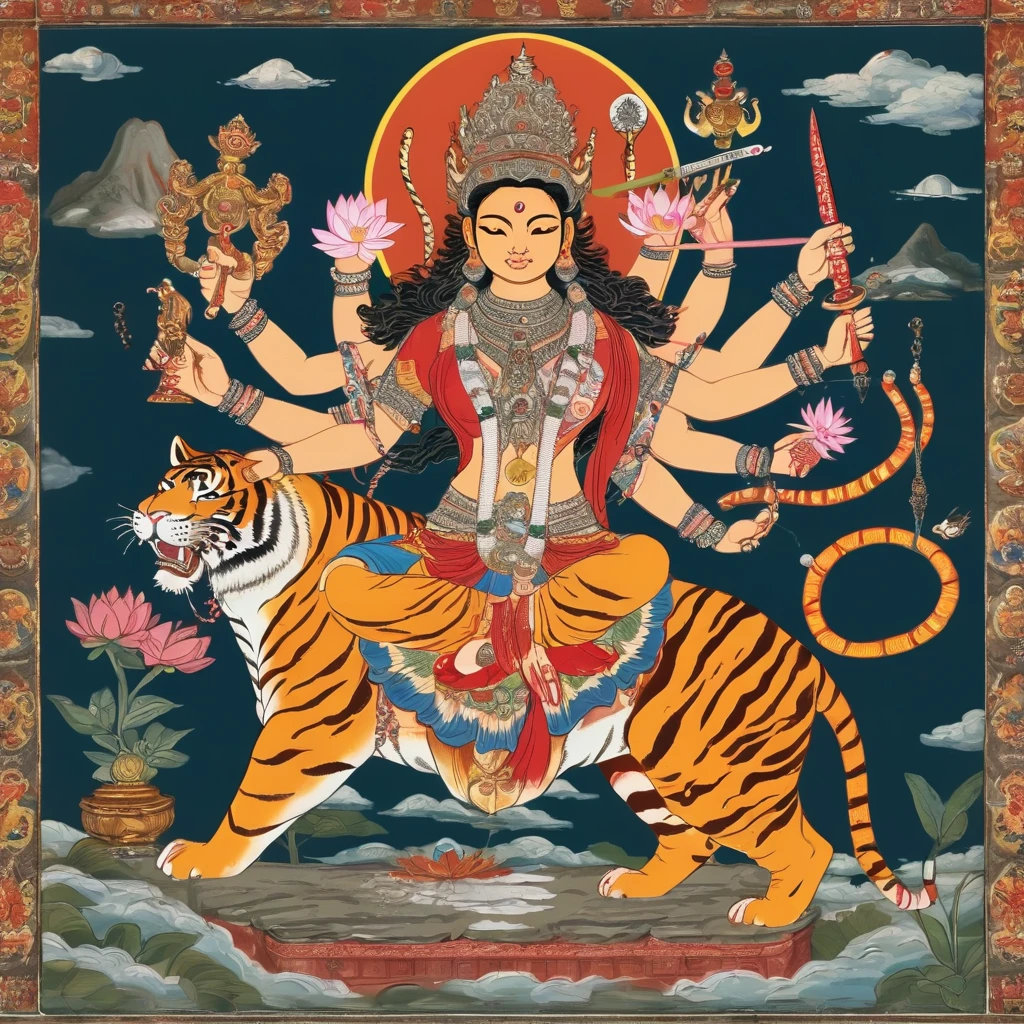 Hindu God。Durga。Goddess riding a tiger。Four arms on each side。Each one has a bow、sword、Prayer beads、Lotus flower、trident gun、Bulbophyll、disk、Holding a medicine jar。