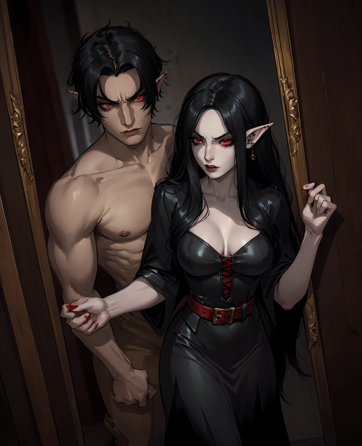 a devilish woman with long black hair, pale skin, piercing red eyes, wearing an elf-like dark costume, in a dark and mysterious setting, prostitute, dramatic lighting, dark and moody atmosphere, cinematic composition, highly detailed, photorealistic, digital painting, concept art