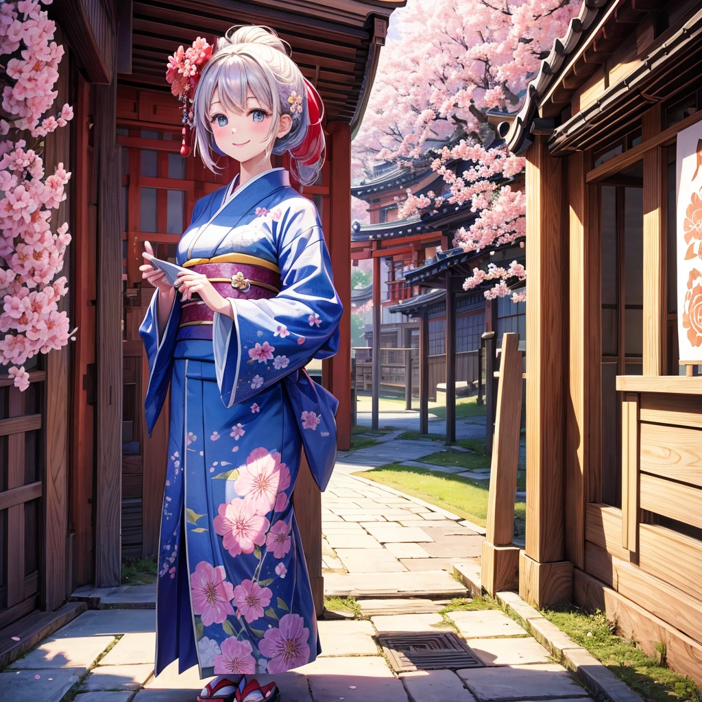 high res, masterpiece, 1girl, kimono, flower pattern, smiling, cherry blossom, traditional Japanese street, Japanese pagoda, blue sky