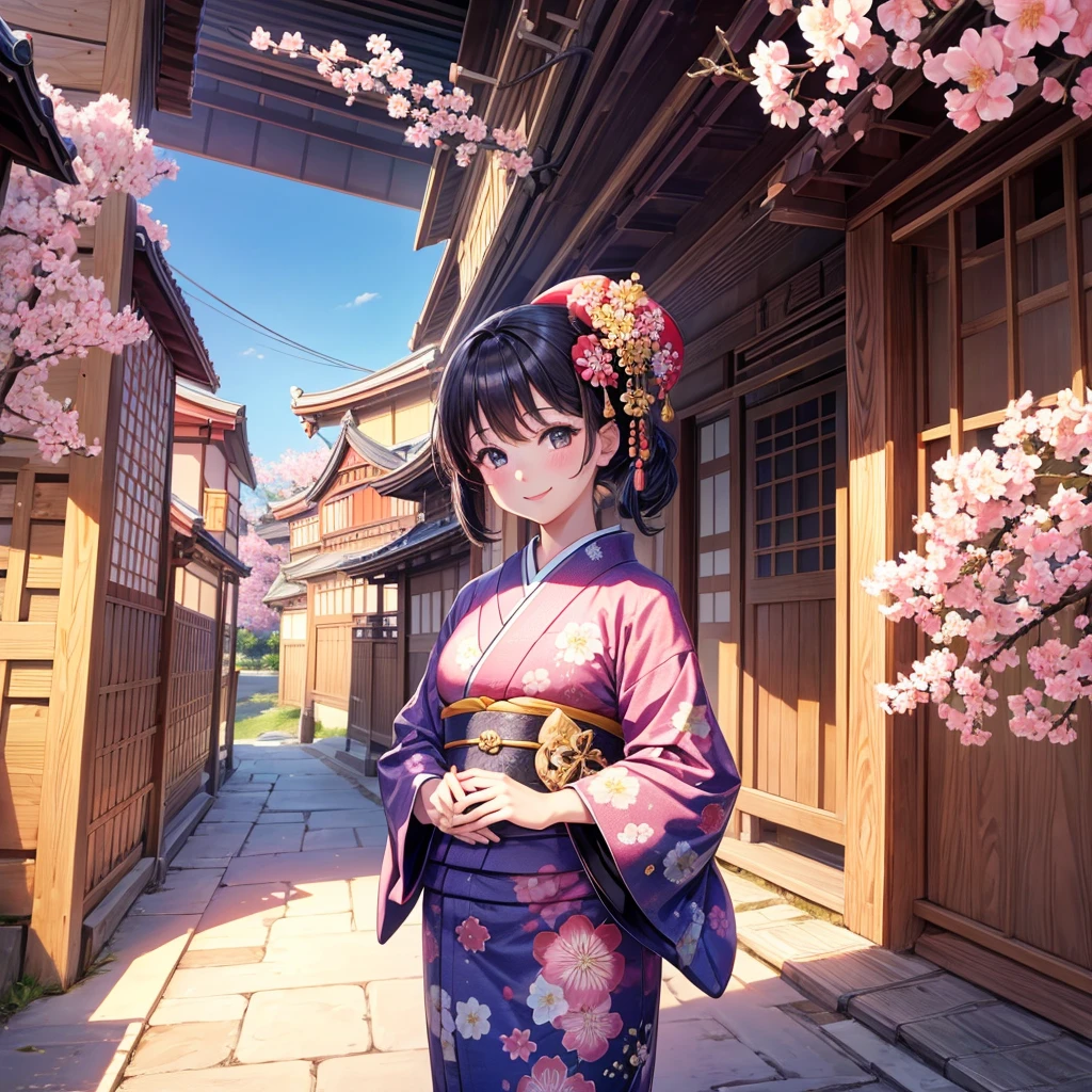 high res, masterpiece, 1girl, kimono, flower pattern, smiling, cherry blossom, traditional Japanese street, Japanese pagoda, blue sky