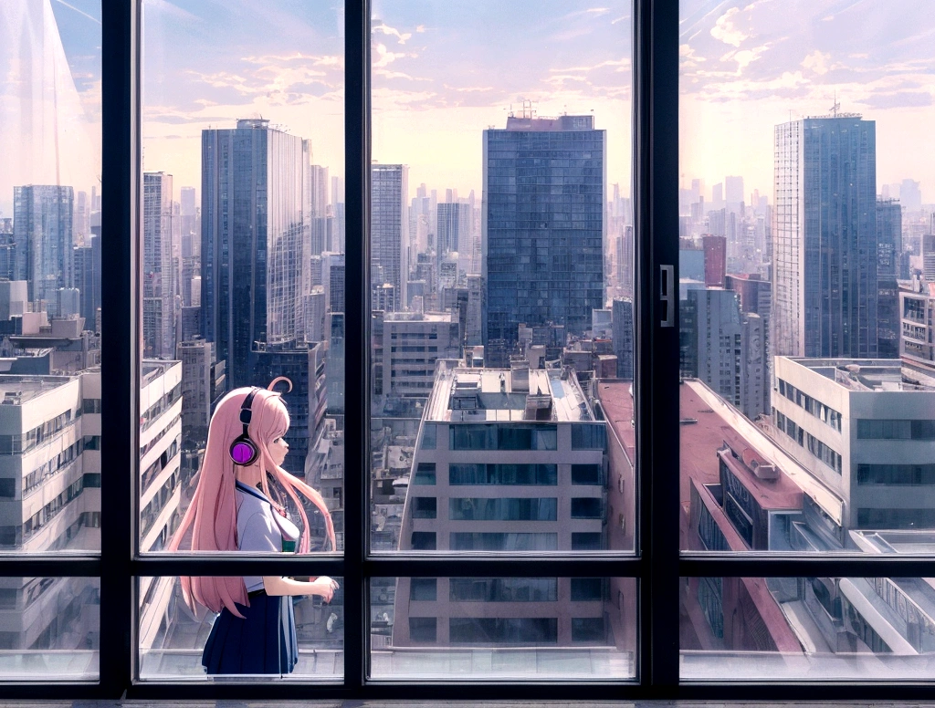 Anime girl wearing headphones and looking out the window at the city, Large room with big windows, light pink long hair, Lo-fi Girl, Kaisei and Artgelm, Anime atmosphere, Lofi Artstyle, Anime Style 4k, Anime Aesthetics, Lo-fi feeling, Lofi Art, anime art wallpaper 4k, An atmosphere of praise, Emotional cityscape