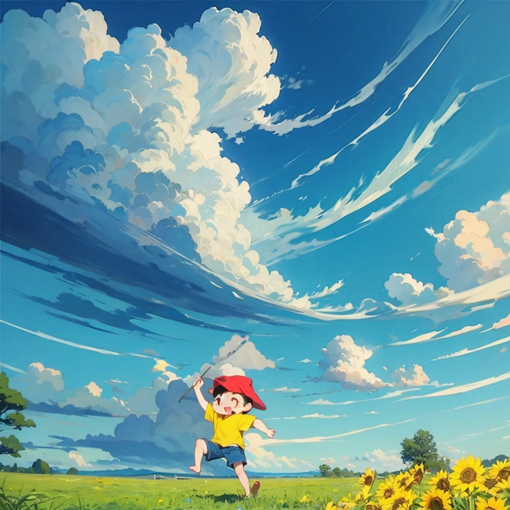 Summer blue sky、 Cumulonimbus、Green Field、Boy catching insects、Red Hat