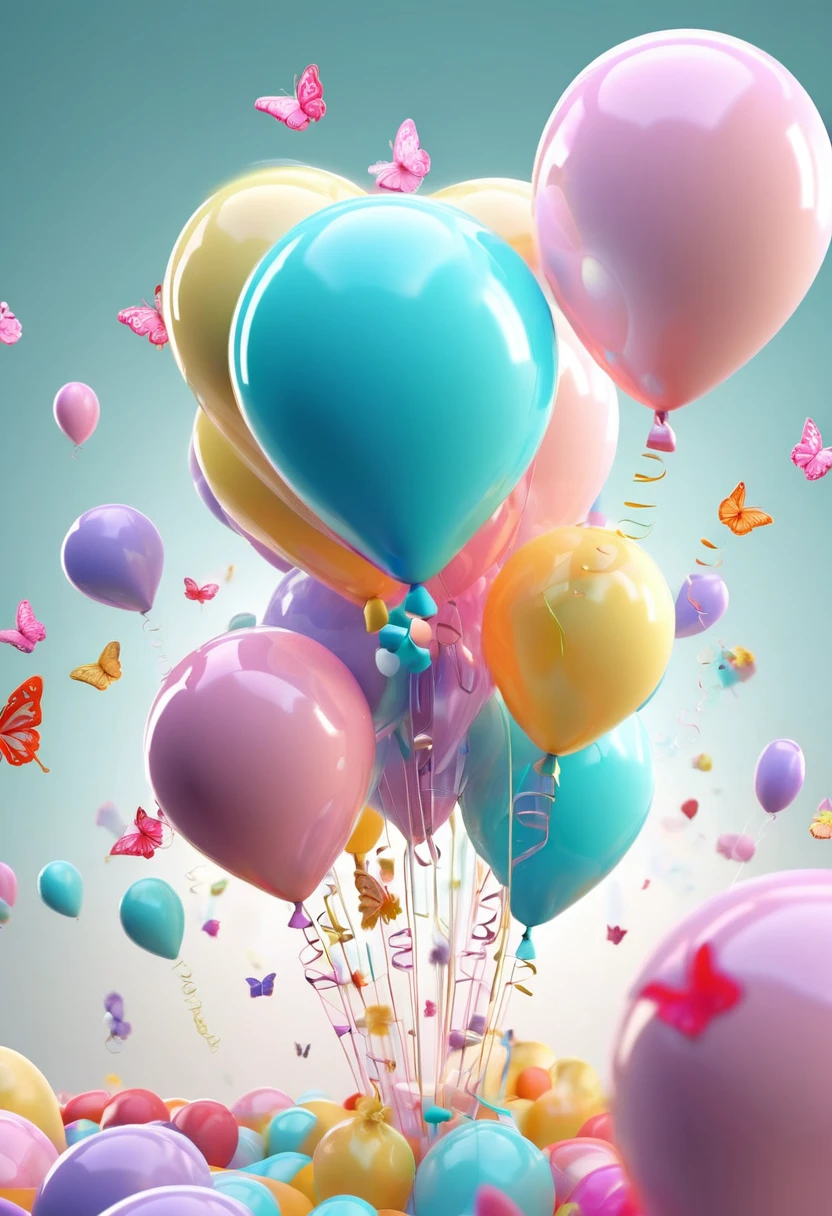 A captivating 3D render artwork featuring the message "Happy Birthday" crafted from delicate pastel-colored balloons. Each intricately designed and arranged balloon showcases a different hue, creating a playful whimsy that radiates tenderness and innocence. The vibrant colors and delightful elements come together to create a magical atmosphere, with butterflies fluttering around, floating pastel-colored bubbles glistening, and blooming flowers adding to the enchanting ambiance. Heart-shaped details adorn the design, while the serene pastel gradient backdrop harmoniously complements the overall composition. This remarkable 3D typography masterpiece showcases the artist's exceptional skill and imagination, creating a mesmerizing and captivating work of art that leaves a lasting impression. The dark fantasy theme adds an air of mystery, 3d render, cinematic, dark fantasy, typography, illustration