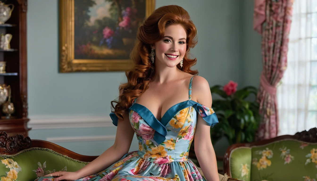 Create imaginative and amazing images demonstrating the style of ((Southern Belle)), hyper realistic, 8k, vibrant colors, sharp crisp image,beautiful smile,very sexy, auburn hair, large pert breasts, low cut floral silk satin dress, Classic antique furniture, A luxuary setting, Spanish Wells plantation, gone with the wind, 