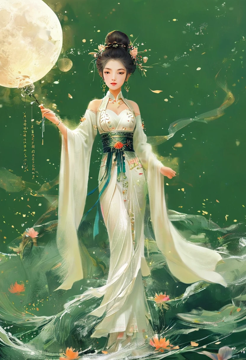 Anime girl in a white dress floating in a boat on the water,Fantasy,Moon Goddess,美しいFantasyの女王, Jan J, Chinese Fantasy,beautiful girl,Queen of the Sea Mu Yanling,Moon GoddessMoon Goddess,Flowing magical robes,Beautiful fairy wizard, Written by Len Mei, ((美しいFantasyの皇后))