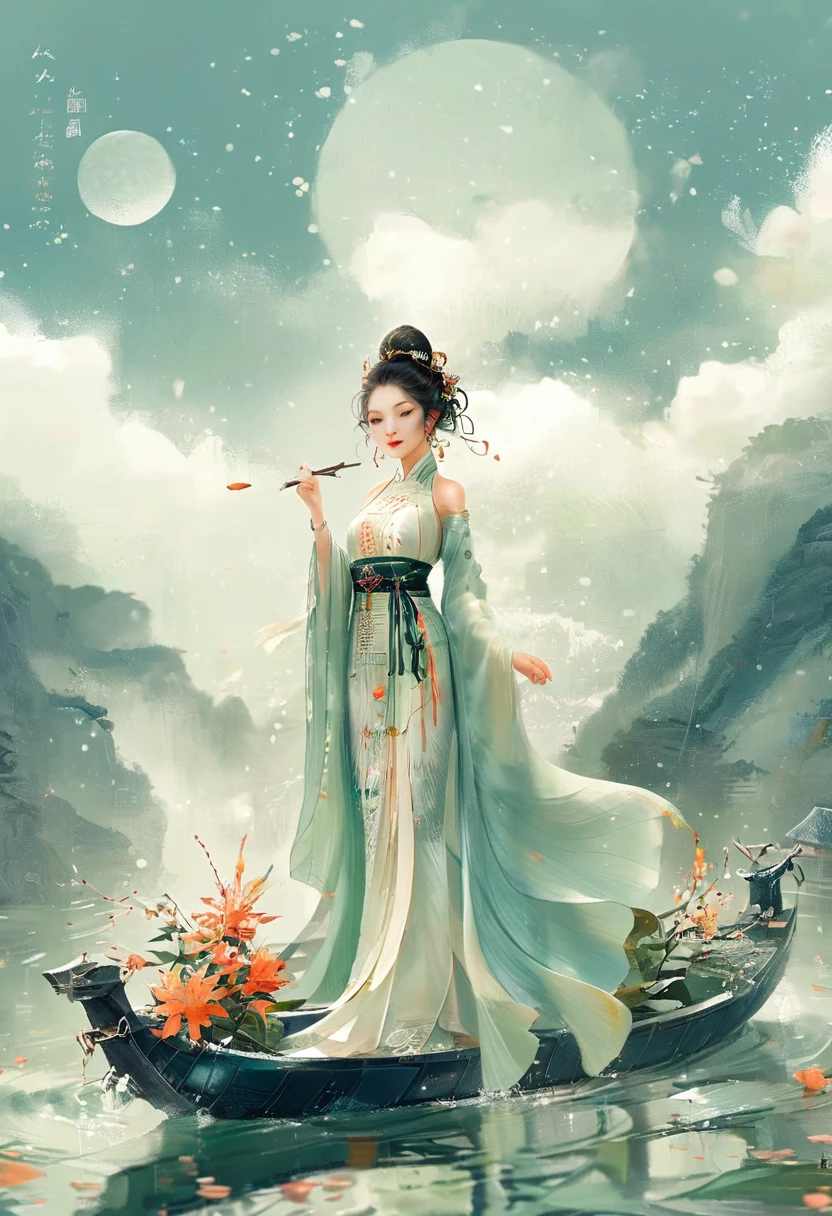 Anime girl in a white dress floating in a boat on the water，Fantasy ...