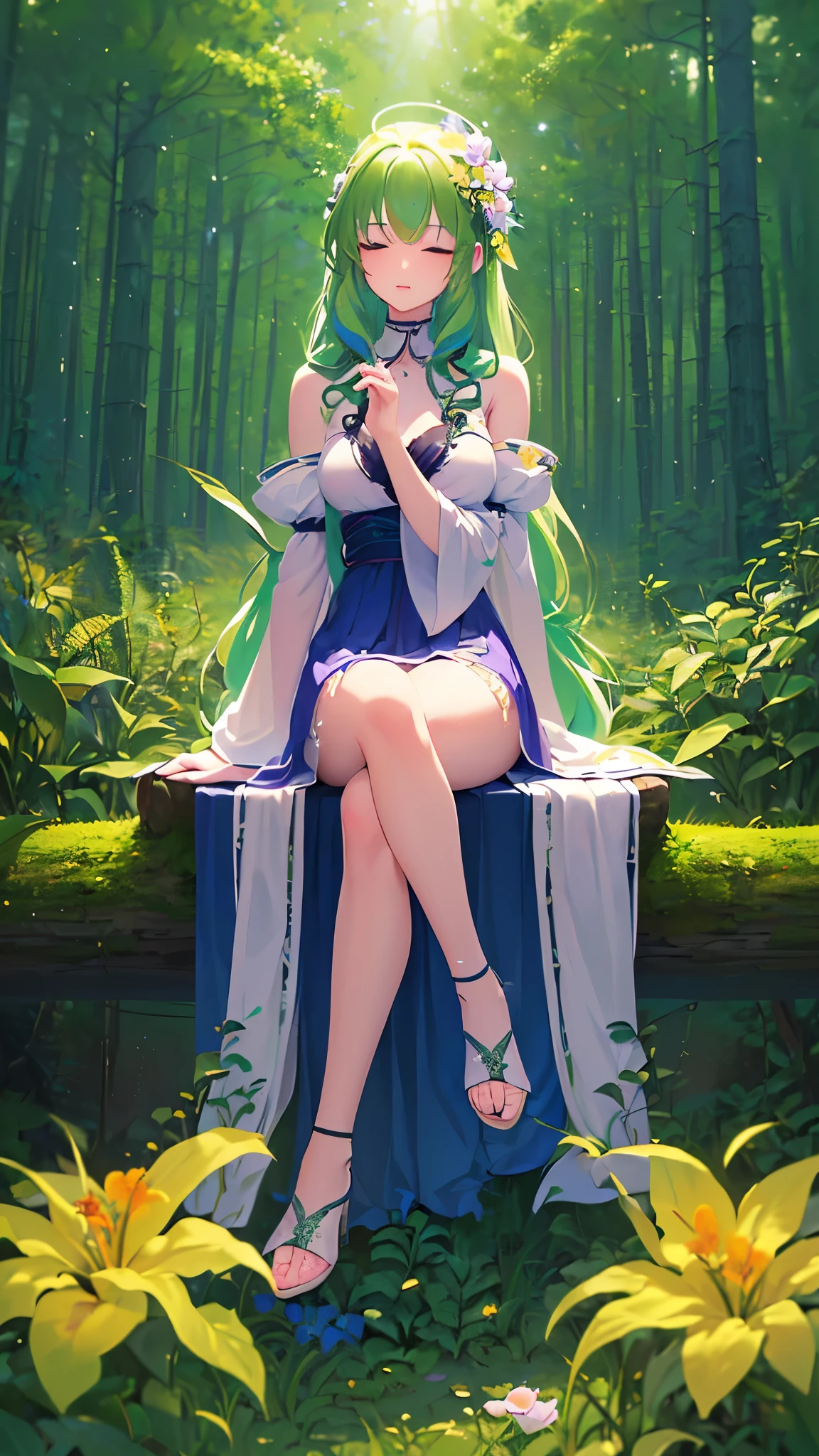 Name: Yuuka
Element: VERDANTHIA
Description: A mystical guardian of nature, Yuuka is a kind-hearted and gentle spirit. With long, wavy forest-green hair and violet eyes that shimmer like morning dew, she is the protector of the forest and the savior of the lost. Yuuka can heal wounded creatures and plants, and her calming aura brings peace to any environment.
Prompt: ((((Obra maestra, La mejor calidad, ultrahigh resolution)))), 1girl, serene, sitting, (long wavy forest-green hair, violet eyes), floral dress, lean figure, ((glowing_eyes)), (((ultra detailed eyes:0.7, beautiful and detailed face, detailed eyes:0.9))), ((full body shot, sitting on a log with a small animal on her lap)), (outdoor setting, sunlight filtering through trees), medium breasts, looking at a bird flying overhead, ((closed eyes, hand holding a flower)), ((perfect hands, detailed fingers)), (((head:1, arms in view, legs crossed, leaves and flowers surrounding her))), 27 years old, ((deep in thought)), (((earthy and peaceful)))