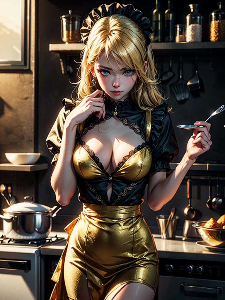 masterpiece, best quality, ultra detailed, photo realistic, high resolution, best illustration, 1girl, golden hair, hand on chin, maid costume, kitchen background. sultry look, seductive,