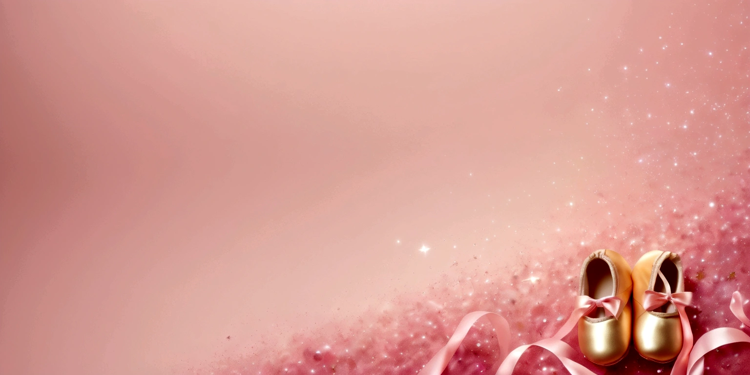 Banner graph;poster;In the center of the picture there is a pair of tiny ballet shoes,Wrapped in a pink ribbon;Ribbons fill the screen;dream,mystery;Big scene;Golden pink hue。Low saturation;Background pure,Simplicity。Large area of white space。
