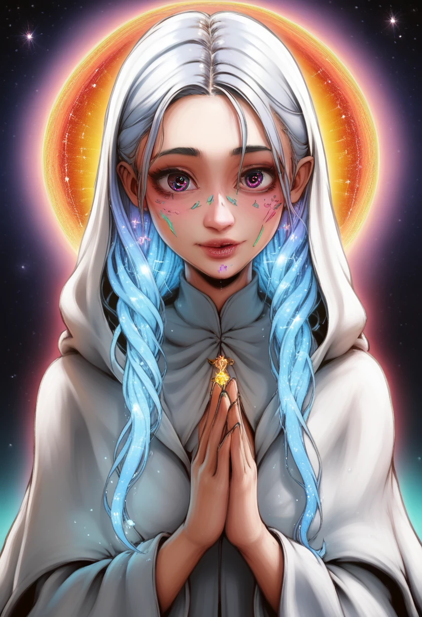 (masterpiece, top quality, best quality, official art, beautiful and aesthetic:1.2), (1girl), extreme detailed, (fractal art:1.3), colorful, highest detailed, perfect face, upper body, HDR, (praying:1.3), (white cloak golden lines:1.2), galaxy, (light streaks), striking visuals, (dynamic streaks, luminous trails:1.2), vibrant colors,