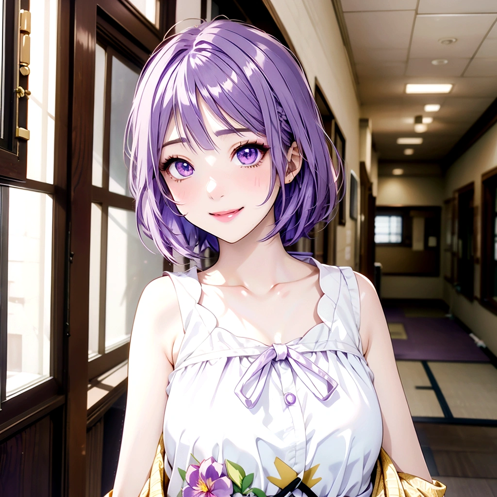 Golden Eyes、Toothy smile、Anime girl with purple hair and white top standing in a hallway, Realistic Anime 3D Style, Cute realistic portrait, My Dress Up Darling Anime, Semi-realistic anime, Semi-realistic anime style, Anime-style 3D, Realistic young anime girl, Smooth anime CG art, 3D Anime Real, Semi-realistic anime, Stylized anime, Cute Anime Girl