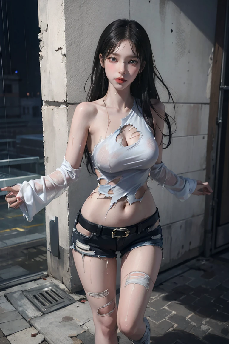 Best image quality, masterpiece, Ultra-high resolution, (Faithfulness:1.4), photograph, 1 Girl, White shirt, Ripped jeans, White sneakers, dim, darkness, despair, disappointing, poor, movie, tears, tears滴, (Torn clothes:1.5), (Wet clothes:1.4), Bare shoulders, Real Rain, Wet Hair,(((Tight waist))), ((Large Breasts)),