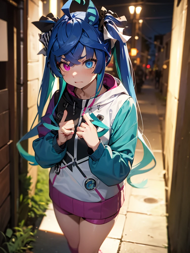 (masterpiece、top-quality、hight resolution)、A scene depicts a streetwalker in a quiet, dark alley at night, nervously offering her services. She stands with a hesitant posture, her eyes downcast, and her hands fidgeting. She shyly asks, "Um... Please, fuck me. Uh, um, please." The background is a dimly lit alley with shadows cast by the few distant streetlights, emphasizing the isolation and vulnerability of the moment. Twin_Turbo_Umamusume, aqua hair, twintails, heterochromia, purple eyes, blue eyes, sharp teeth, multicolored hoodie, flat chest, hores tails, nsfw, ((embarrassment))