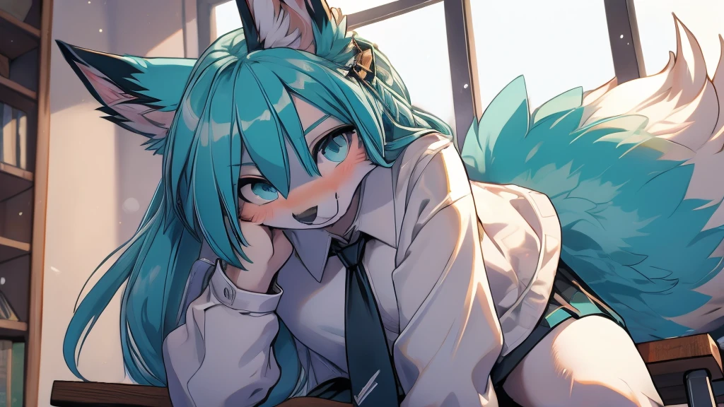 Hatsune miku aqua fur, fox face elongated snoutMasterpiece High quality High resolution、Anna Tanaka , broad, Sit with your knees bent、Eight-headed body、beauty legs 、At a school, visible vagina, creampie,As if looking up from below、embarrassed add_detail:1, horny teen 