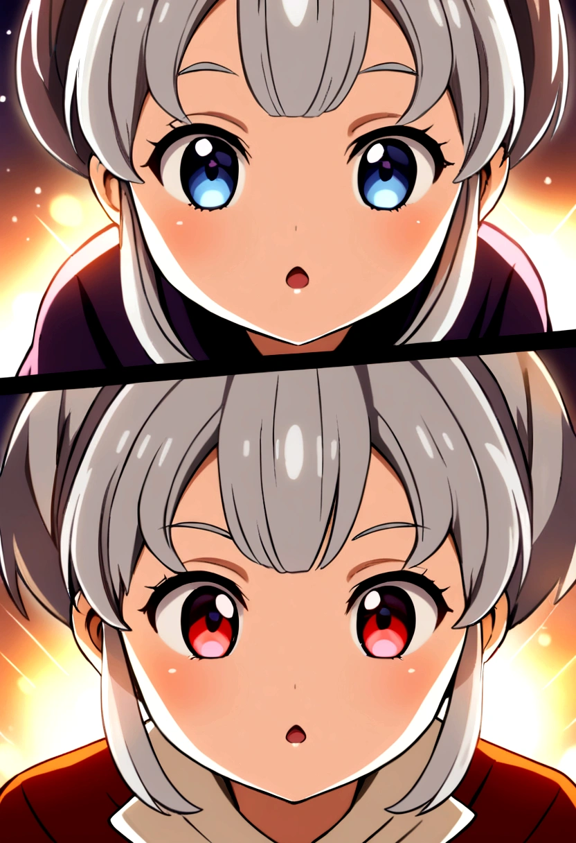 Cute babies Quintilliso identical anime style ,silver hair ,three girls (girl 1 with black eyes,girl with 2 purple eyes ,girl with 3 blue eyes )and two children(boy 1 red eyes,boy with 2 golden eyes )