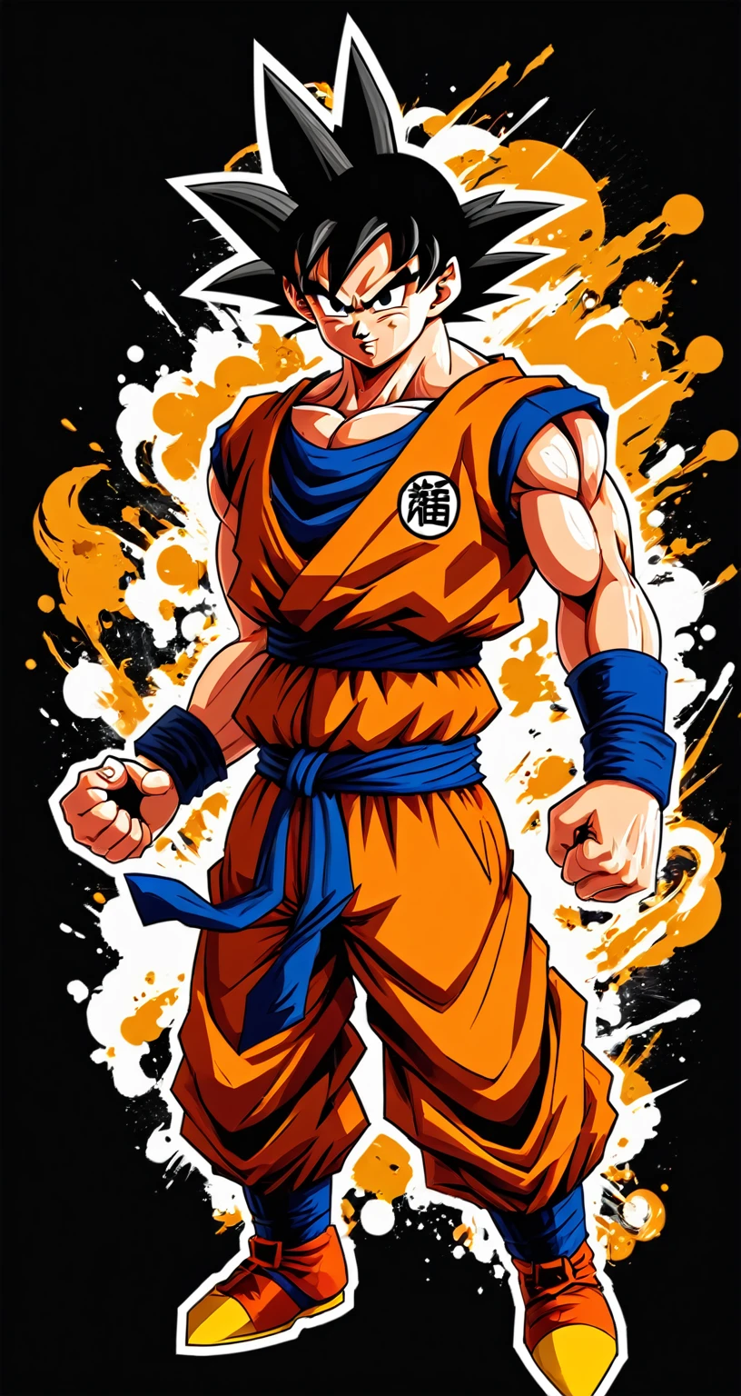 Son Goku style fighting game, Hip-Hop Style, t shirt design, flat-colors, vectorial art, ((black backdrop)) . dynamic, Vibrant, full of action, detailed character design, reminiscent of fighting video games