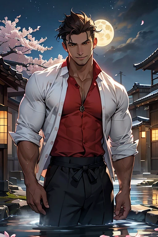 Young man, high, athletic and muscular, BROWN SKIN, bright yellow eyes, elegant, sensual and masculine, flirtatious smile, handsome, dark hair, graffiti, military court, emerging half-length from a hot spring well, red unbuttoned shirt, WET BODY, (in the background an old Japanese house, the dark evening sky, stars and a big white full moon, A cherry blossom tree in full bloom and the wind making the petals fly)