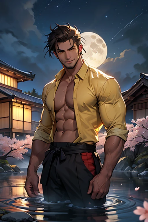 Young man, high, athletic and muscular, BROWN SKIN,  bright yellow eyes, elegant, sensual and masculine, flirtatious smile, handsome, dark hair, graffiti, military court, emerging half-length from a hot spring well, red unbuttoned shirt, WET BODY, (in the background an old Japanese house, the dark evening sky, stars and a big white full moon, A cherry blossom tree in full bloom and the wind making the petals fly)